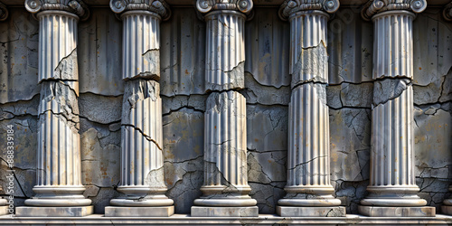 The Crumbling Pillars of Democracy: A row of marble columns, cracked and splintered from neglect and decay. photo