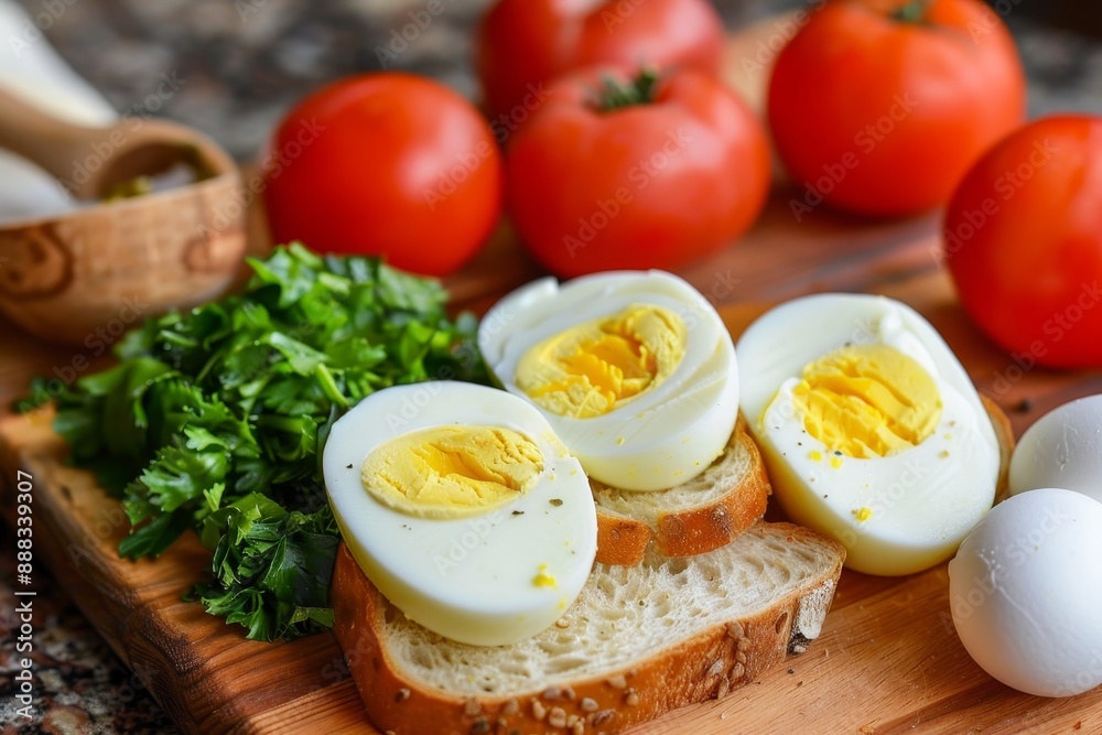 Ingredients for egg salad sandwich on a board