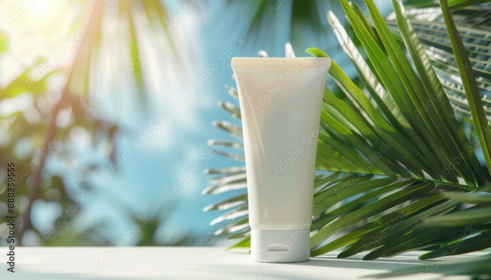 White Lotion Tube On White Surface With Palm Tree Leaves White Lotion Tube On White Surface With Palm Tree Leaves