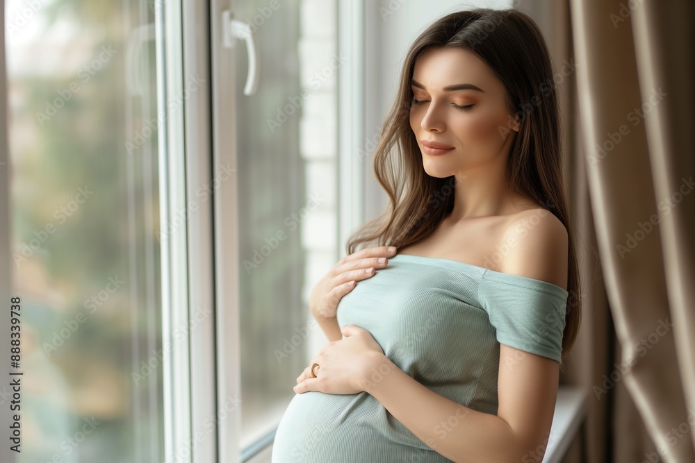 Pregnant woman standing by the window, relaxing and gently holding her belly, awaiting motherhood, peaceful and serene atmosphere, expectant mother concept Pregnant woman standing by the window, relaxing and gently holding her belly, awaiting motherhood, peaceful and serene atmosphere, expectant mother concept