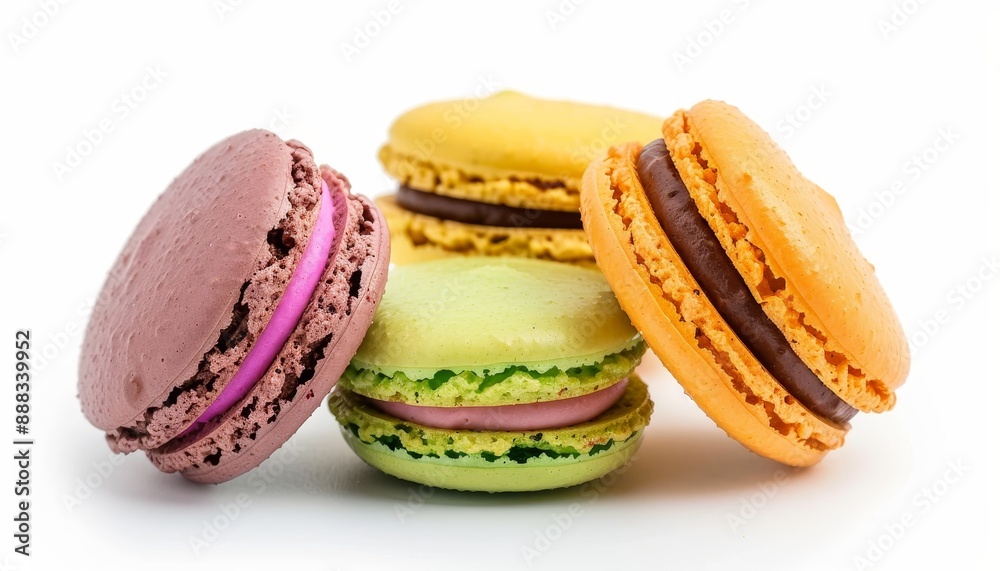 Isolated colorful French macaroon cookies on white background Isolated colorful French macaroon cookies on white background