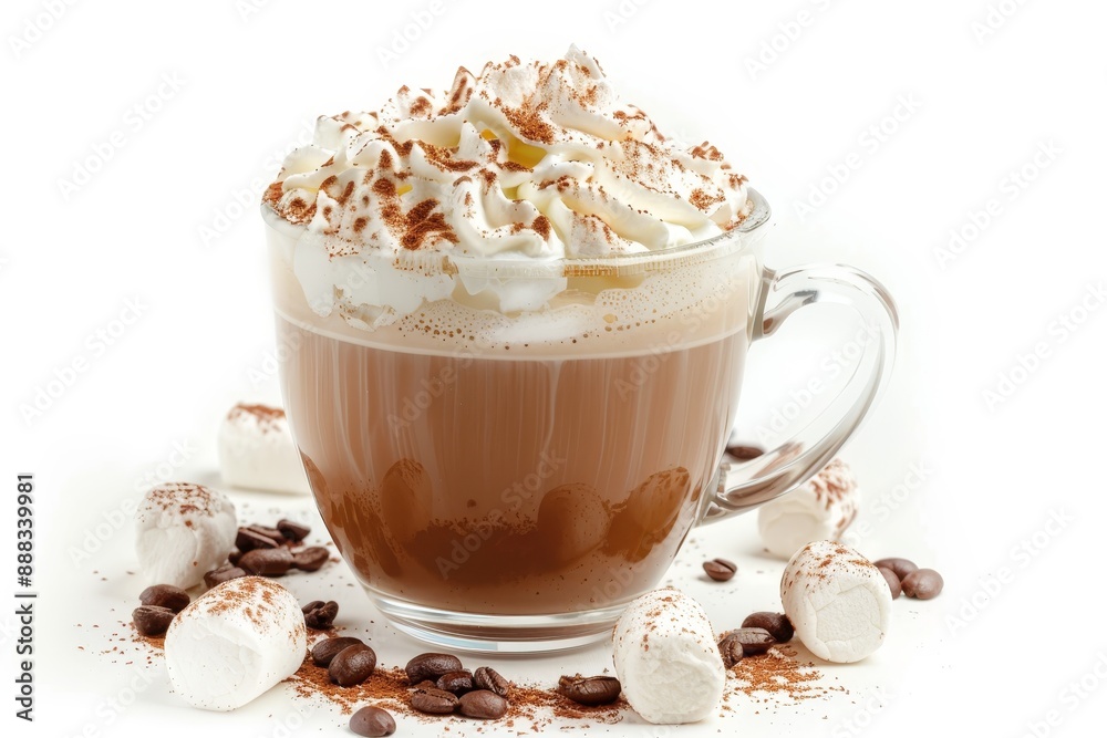 Isolated cup of coffee with whipped cream and marshmallow Isolated cup of coffee with whipped cream and marshmallow