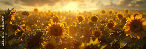 An endless golden field of ripe sunflowers in the rays of the Sun Abundant harvest Successful agribusiness The atmosphere of the passing summer, warmth, abundance. Background, wallpaper, card, banner