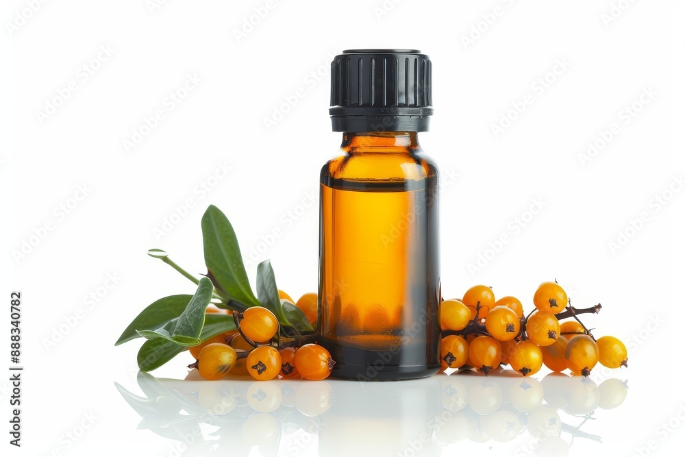 Isolated white background with oil and sea buckthorn berries in a bottle Isolated white background with oil and sea buckthorn berries in a bottle