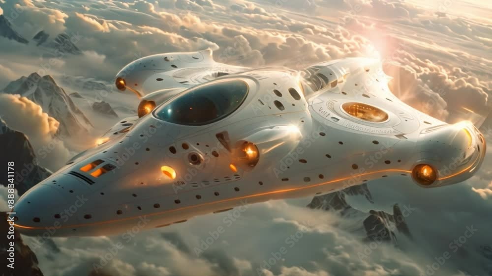 A futuristic vision of 3D printing an entire spacecraft, with the vessel flying high above a snowy mountain range. A futuristic vision of 3D printing an entire spacecraft, with the vessel flying high above a snowy mountain range.