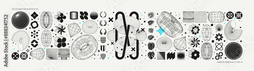 Vector graphic assets set in acid style, retro futuristic background with wireframe elements of different forms, bold modern shapes for design template, poster, stickers, banner in Y2k style set 11