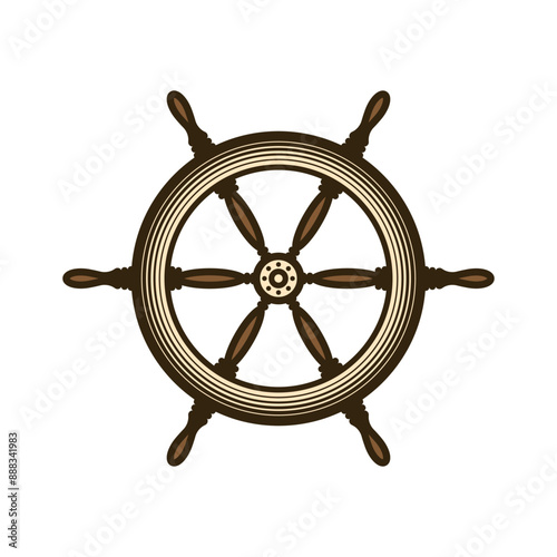 Wooden vintage steering wheels. Ship, sailboat or yacht retro wheel symbol. Nautical rudder icon. Marine logotype design element. Vector illustration