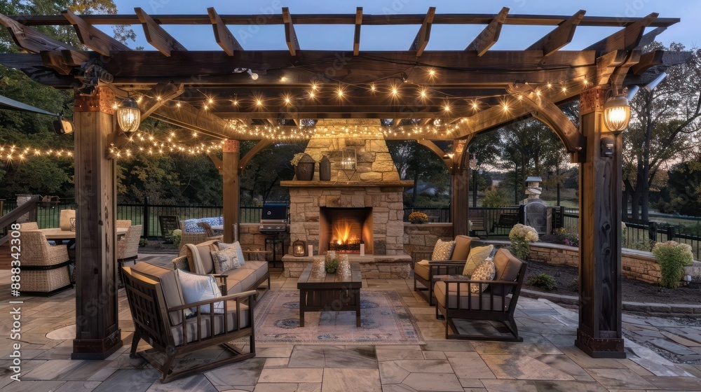 Rustic suburban farmhouse with a cozy outdoor seating area under a pergola, complete with a stone fireplace and vintage string lighting Rustic suburban farmhouse with a cozy outdoor seating area under a pergola, complete with a stone fireplace and vintage string lighting
