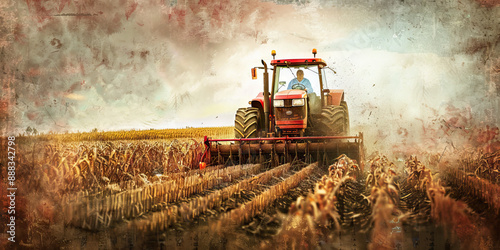 The Heartland Harvest: A farmer driving a tractor, plowing a field of crops.