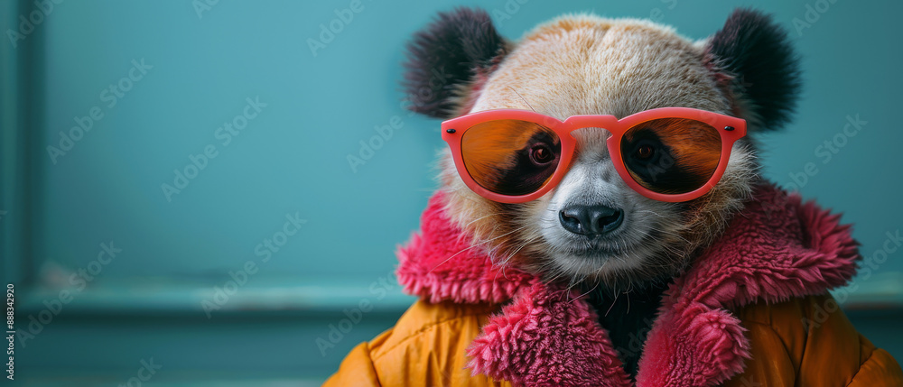 Panda Wearing Sunglasses and a Furry Jacket in Front of a Blue Wall