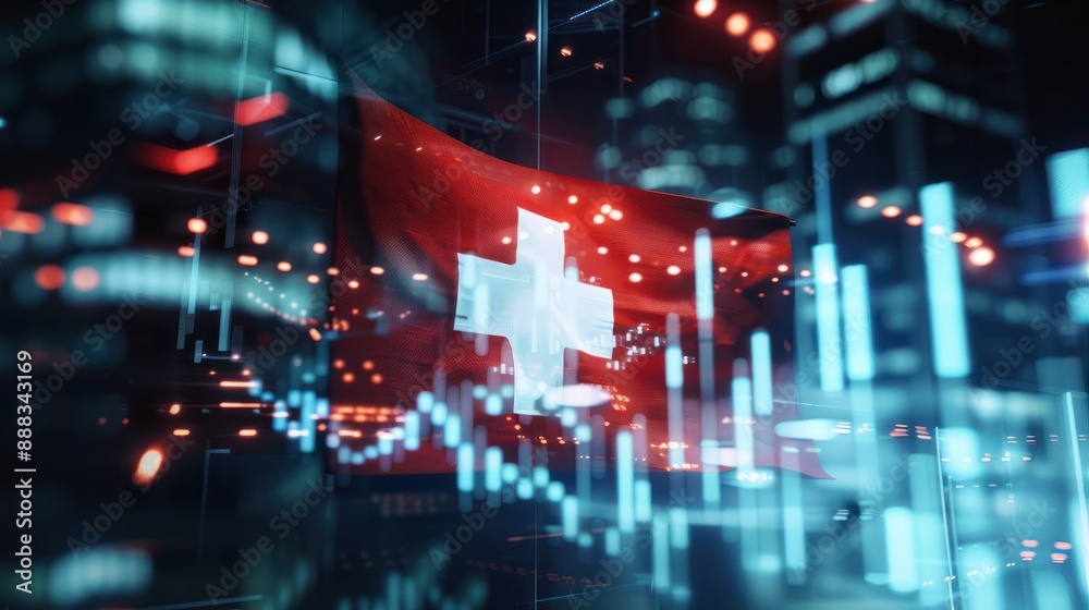 Obraz premium Switzerland flag and country's economy financial graphs. Swiss country, Switzerland global economic influence. Double exposure. Inflation, deflation, profit & loss, Business, banking, Investment.