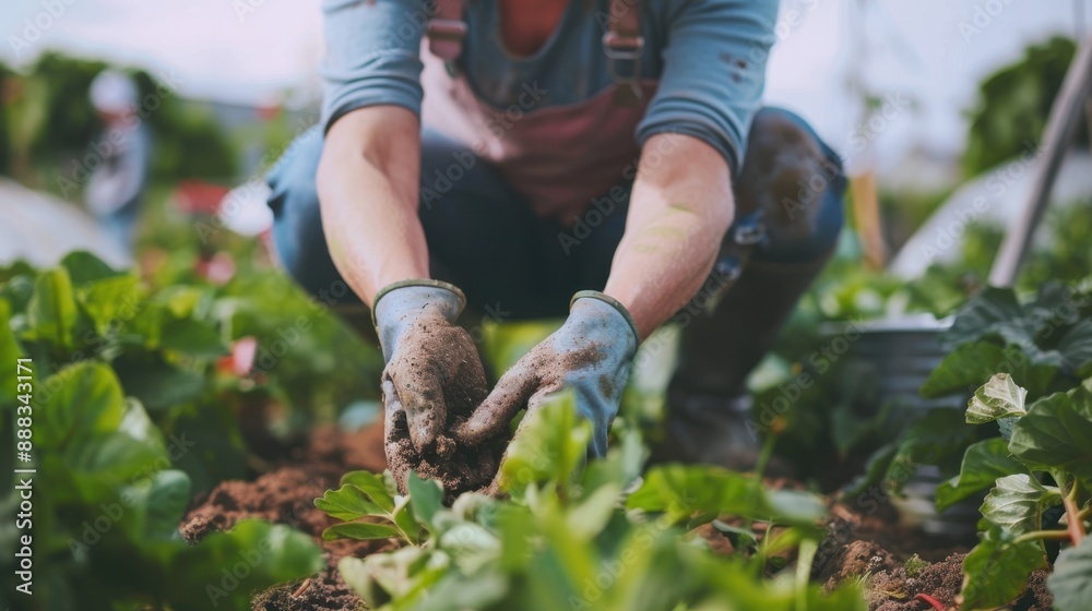 Naklejka premium Cultivating Freshness: Gardener's Hands Planting in Fertile Soil