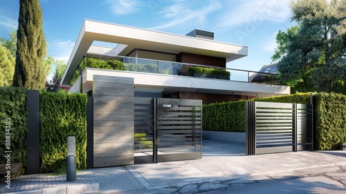 Modern suburban farmhouse with an ultra-modern steel gate and privacy hedges, featuring an angular, minimalist architecture