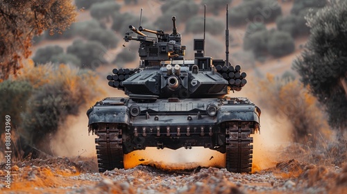 Intense aerial chase  military drone in pursuit of tank from above in a thrilling hunt