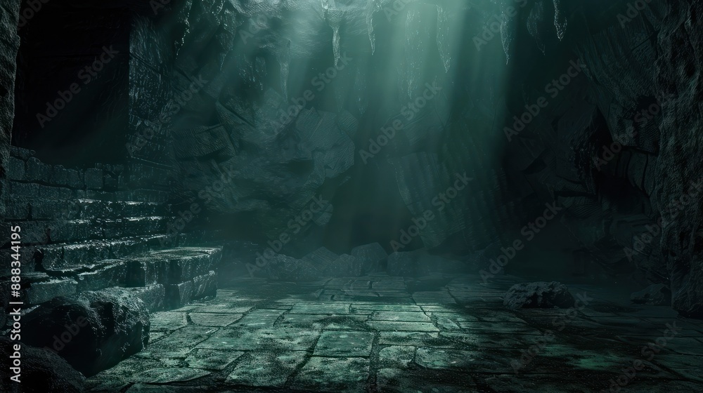 Obraz premium Underground dungeon, fantasy adventure tabletop role play game setting, dark and creepy background created with generative ai