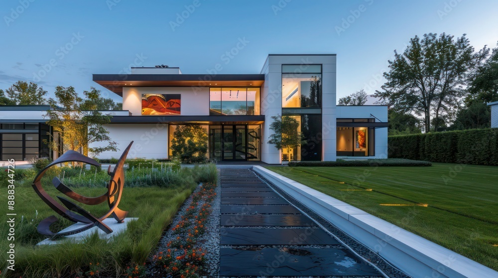 Modern suburban farmhouse with an artistic sculpture garden in the front and a sleek black slate pathway leading to the entrance Modern suburban farmhouse with an artistic sculpture garden in the front and a sleek black slate pathway leading to the entrance