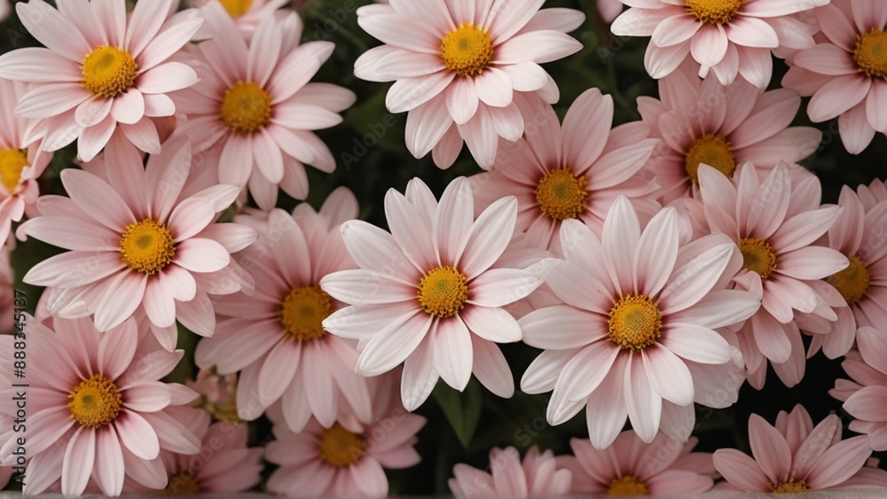 a cluster of pink daisy flowers with yellow centers. They are tightly packed together, creating a dense floral display.