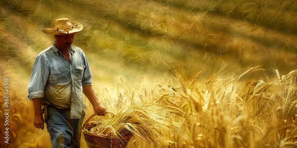 The Bountiful Harvest of the Heartland: Golden wheat sways in the wind, framing a proud farmer holding a bountiful basket of produce. The Bountiful Harvest of the Heartland: Golden wheat sways in the wind, framing a proud farmer holding a bountiful basket of produce.