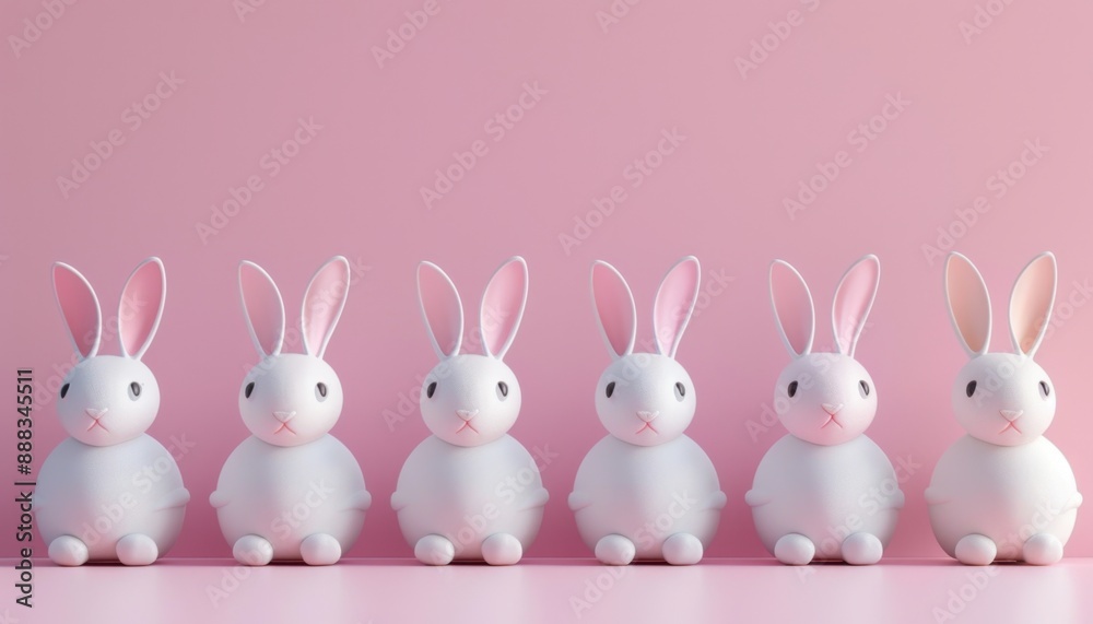 Six White Bunnies Lined Up Against a Pink Background Six White Bunnies Lined Up Against a Pink Background