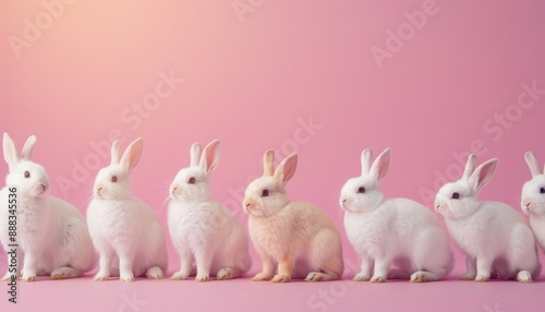 A Line of White Rabbits Sitting on a Pink Background