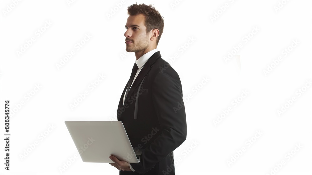 Male in black suit holding laptop on white background. Male in black suit holding laptop on white background.