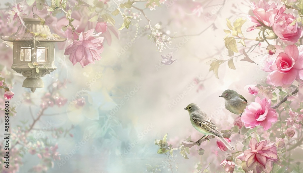 Two Birds Perched on a Branch in a Pastel Pink Garden Two Birds Perched on a Branch in a Pastel Pink Garden