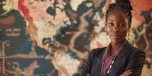 The Resilient Spirit of American Entrepreneurship: A determined businesswoman stands confidently beside her successful startup, with a map of the United States marking its expansion. photo