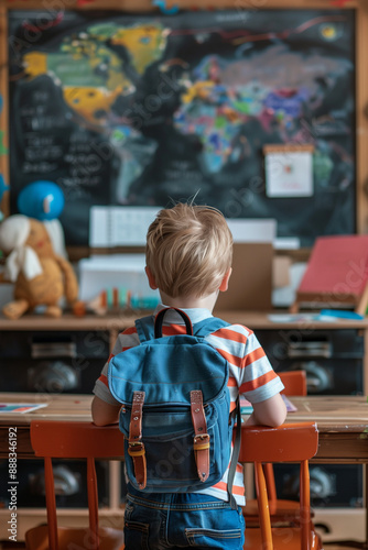 young boy student with backpack stand in the classroom