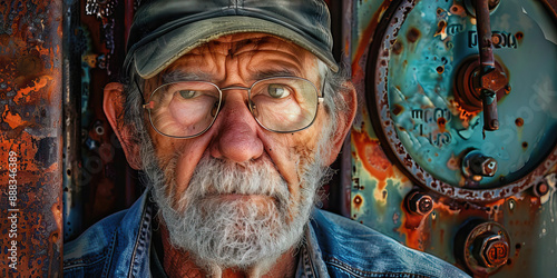 The Storied History of American Manufacturing: An aging factory worker proudly displays a family heirloom, a well-worn piece of machinery, passing on the legacy of American industry. © Lila Patel