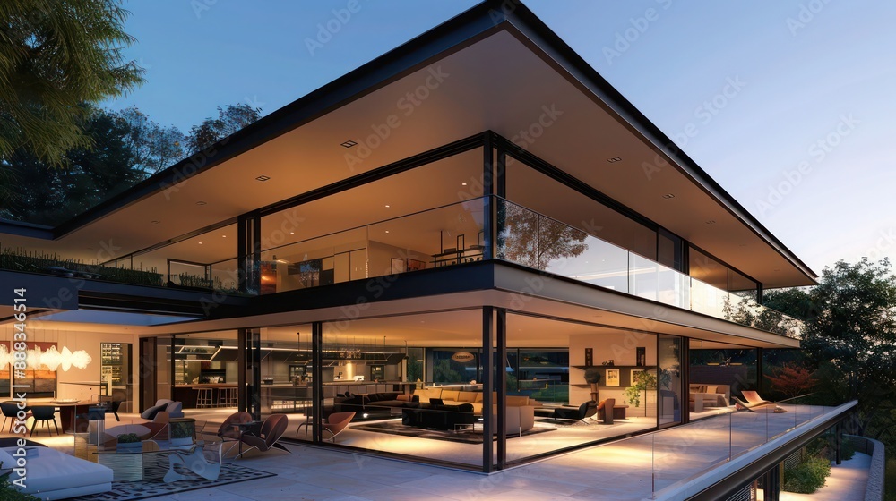 Contemporary suburban farmhouse with a sleek design featuring a cantilevered second story over a glass-walled living room Contemporary suburban farmhouse with a sleek design featuring a cantilevered second story over a glass-walled living room