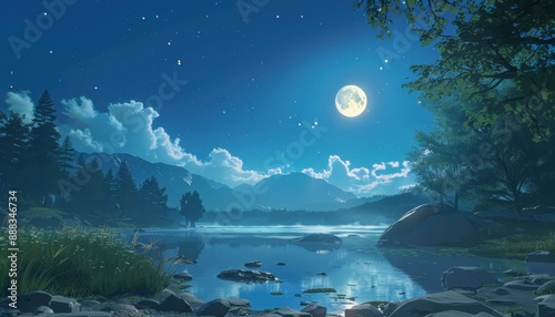 Tranquil Nighttime Landscape With Full Moon and Mountains