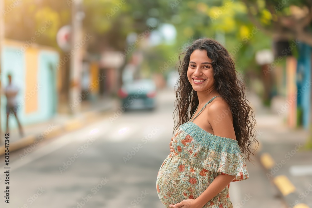 Happy pregnant woman, summer dress, standing on street, natural outdoor shot, expectant mother smiling, vibrant background, maternity joy concept Happy pregnant woman, summer dress, standing on street, natural outdoor shot, expectant mother smiling, vibrant background, maternity joy concept