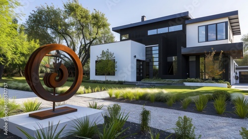 Contemporary suburban farmhouse with a minimalist black and white design, and a custom metal sculpture in the front yard