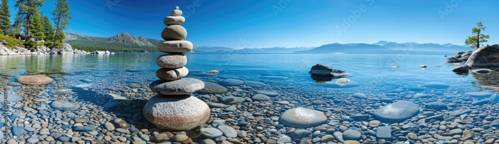 Zen Stones Stacked by Clear Lake in a Mountainous Landscape Zen Stones Stacked by Clear Lake in a Mountainous Landscape