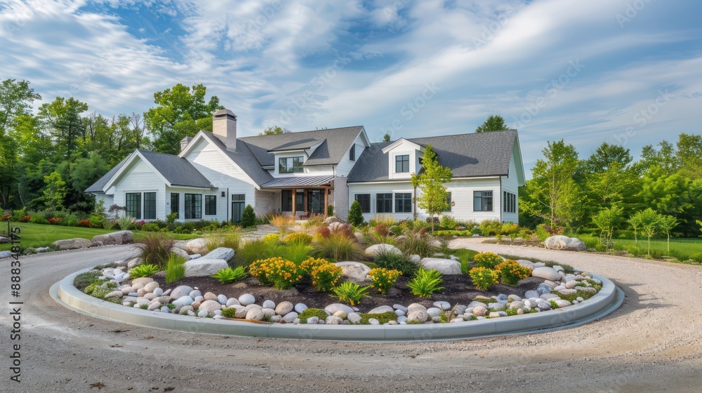 Contemporary suburban farmhouse surrounded by a circular driveway and a meticulously designed rock garden featuring native plants Contemporary suburban farmhouse surrounded by a circular driveway and a meticulously designed rock garden featuring native plants