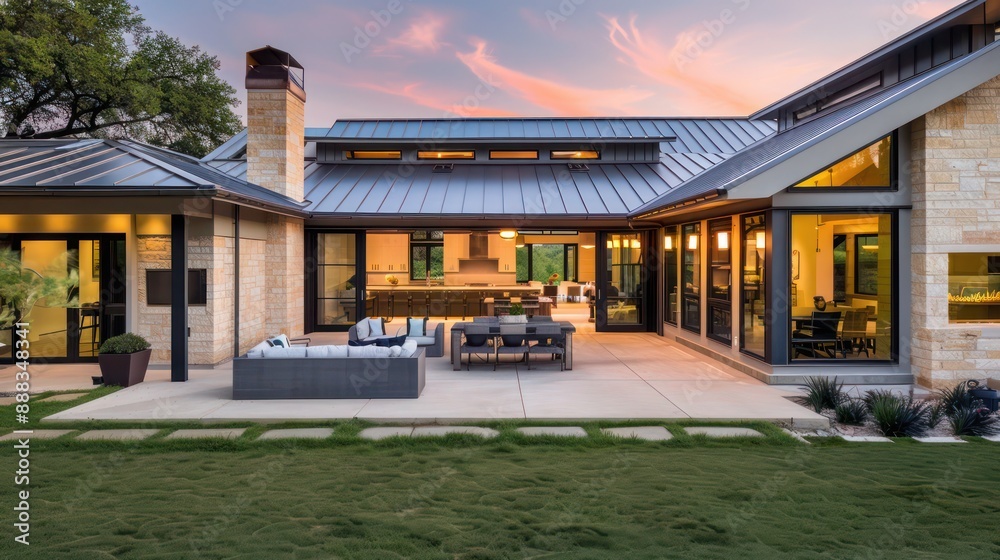 Contemporary suburban farmhouse with a sculptural metal roof and expansive patios that integrate indoor and outdoor living spaces seamlessly Contemporary suburban farmhouse with a sculptural metal roof and expansive patios that integrate indoor and outdoor living spaces seamlessly
