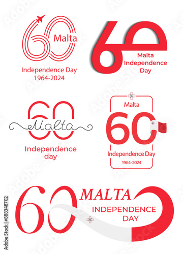 Set for the 60th anniversary of Malta's Independence Day. Different variations of large red number 60 with Maltese flag. Great for logo, card, website, print, design, poster, social media. Vector flat