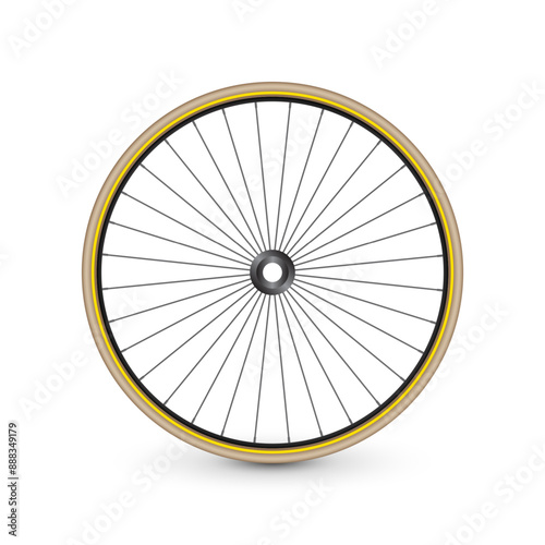 Realistic 3d retro bicycle wheel. Bike rubber tire, shiny metal spokes and rim. Fitness cycle, touring, sport, road and mountain bike. Vector illustration