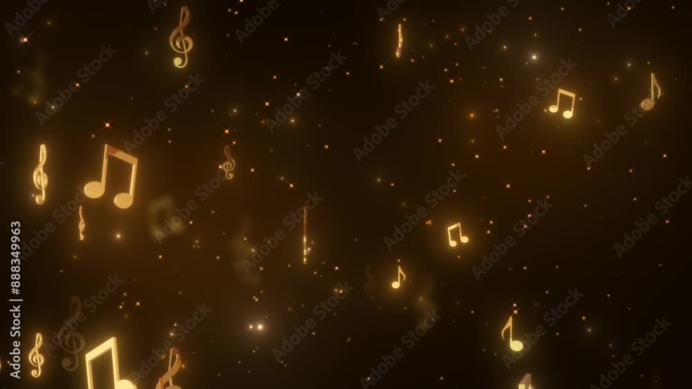 3d golden music notes flying on dark background 4k animation, music and concert  motion design element