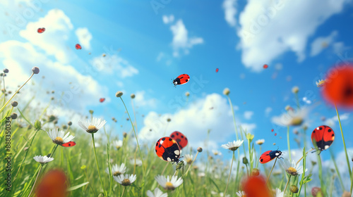 Natural Background with Little Flying Ladybug