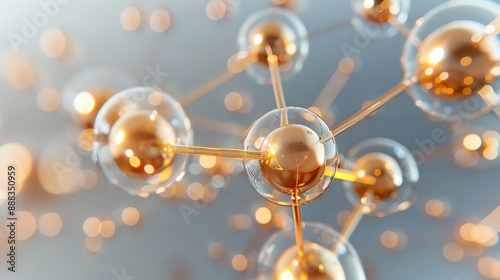 Image of gold and glass atoms. The atoms are connected to each other by thin gold rods. Background is a soft grey with a subtle light.