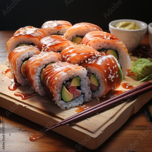 A serving of freshly prepared sushi rolls filled with avocad