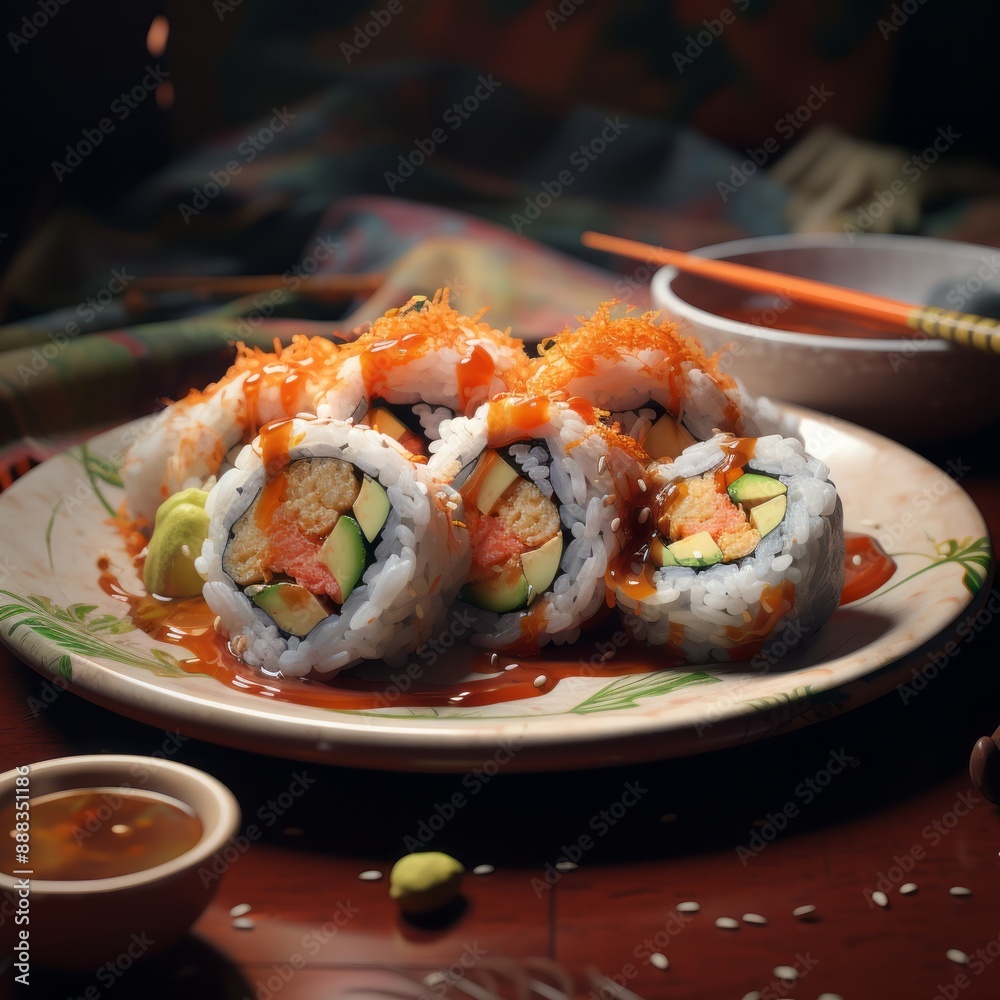 A serving of freshly prepared sushi rolls filled with avocad A serving of freshly prepared sushi rolls filled with avocad