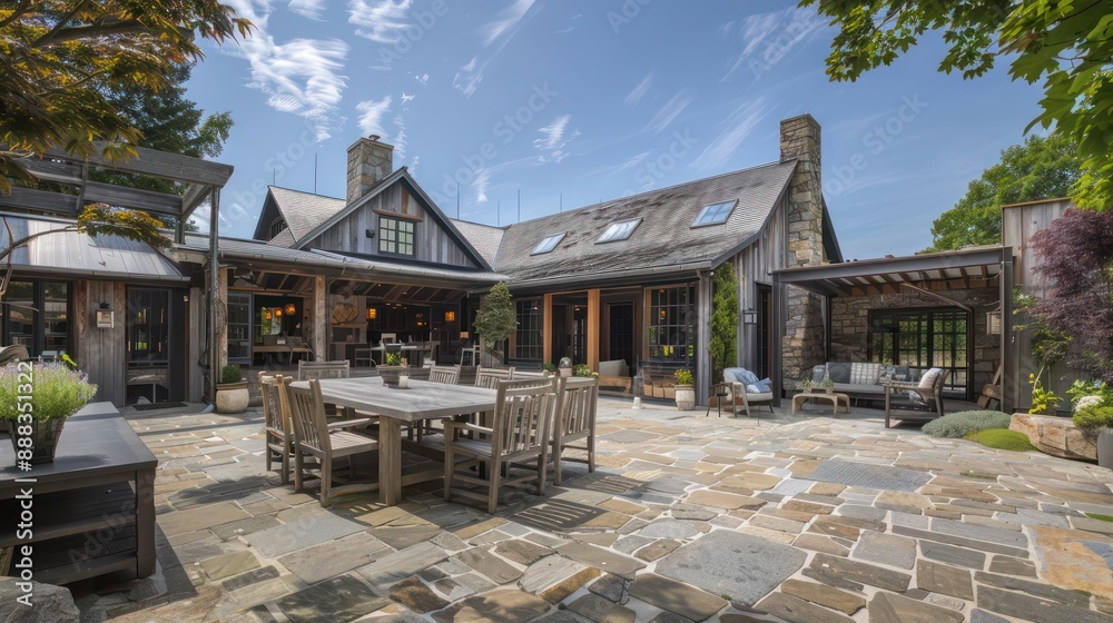 Obraz premium rustic yet chic suburban farmhouse with a large stone patio and an outdoor dining area, perfect for entertaining guests