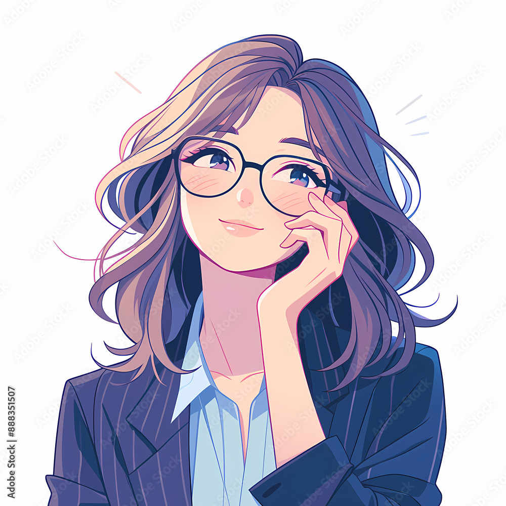 Charming Anime Woman with Glasses in Business Attire Smiling Confidently in Detailed Artistic Illustration on White Background Charming Anime Woman with Glasses in Business Attire Smiling Confidently in Detailed Artistic Illustration on White Background