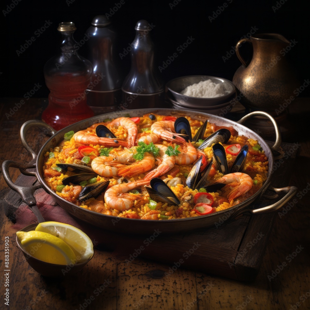 A large pan of traditional Spanish paella filled with saffron rice A large pan of traditional Spanish paella filled with saffron rice