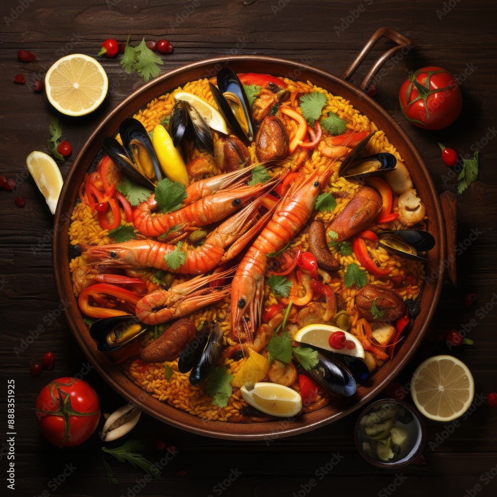 A large pan of traditional Spanish paella filled with saffron rice A large pan of traditional Spanish paella filled with saffron rice