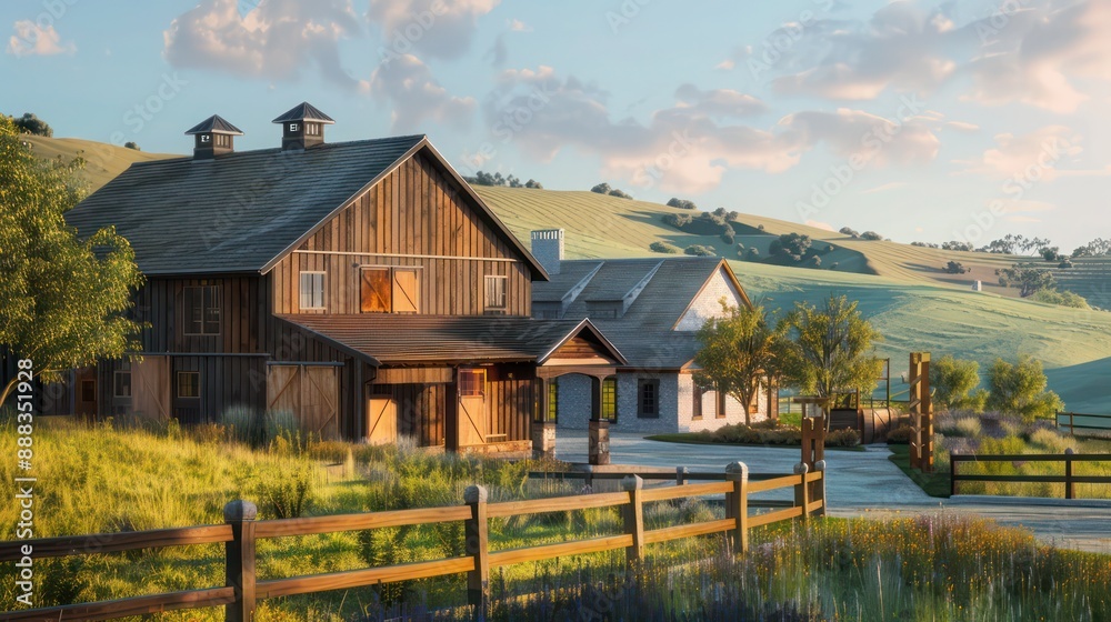 rustic suburban farmhouse with a traditional wooden barn and a modern twist, set against a backdrop of rolling hills rustic suburban farmhouse with a traditional wooden barn and a modern twist, set against a backdrop of rolling hills