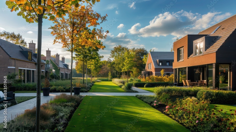 panoramic view of a suburban farmhouse with a sleek design, surrounded by a meticulously maintained lawn and garden