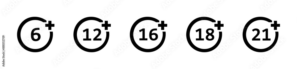 Age limit sign. 6, 12, 16, 18, 21 plus icon set. Adult content icon. Vector EPS 10. Isolated on white background Age limit sign. 6, 12, 16, 18, 21 plus icon set. Adult content icon. Vector EPS 10. Isolated on white background